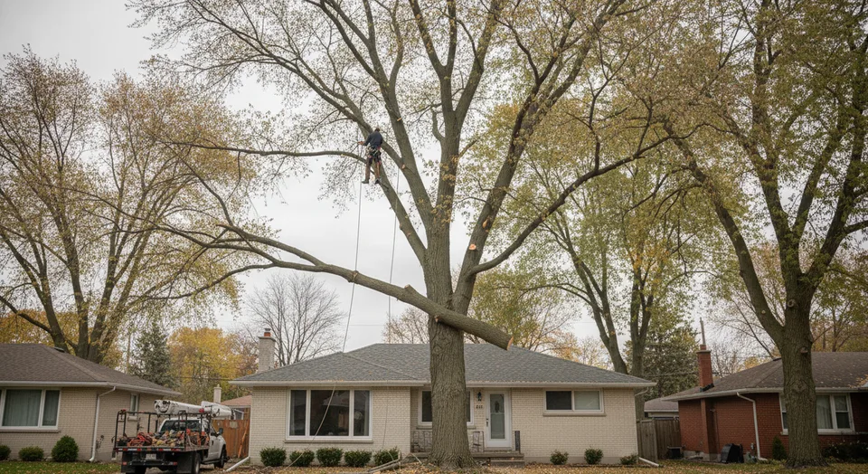 An arborist roped into a large silver maple lowering a limb section over a 1960s bungalow roof in Kitchener, Ontario